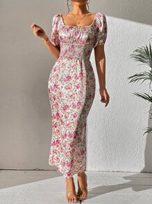 GENKIRA 滿版印花打褶泡泡袖連衣裙 - 彩色 - 查看 5