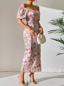 GENKIRA 滿版印花打褶泡泡袖連衣裙 - 彩色 - 查看 6