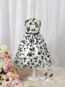 SHEIN 女孩印花網紗覆蓋連衣裙 - 黑與白 - 查看 2