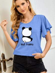 SHEIN LUNE Panda & Slogan Graphic Butterfly Sleeve Tee - Blue - View 4