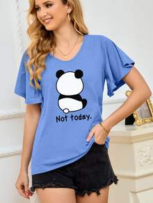 SHEIN LUNE Panda & Slogan Graphic Butterfly Sleeve Tee - Blue - View 5