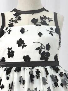 SHEIN 女孩印花網紗覆蓋連衣裙 - 黑與白 - 查看 4