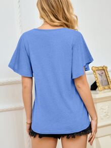 SHEIN LUNE Panda & Slogan Graphic Butterfly Sleeve Tee - Blue - View 2