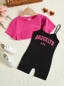 SHEIN Leap Crew Tween Girl High Low Hem Crop Tee & Letter Graphic Cami Romper - Hot Pink - View 1