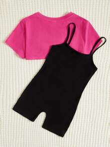 SHEIN Leap Crew Tween Girl High Low Hem Crop Tee & Letter Graphic Cami Romper - Hot Pink - View 2