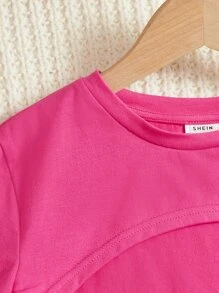 SHEIN Leap Crew Tween Girl High Low Hem Crop Tee & Letter Graphic Cami Romper - Hot Pink - View 4