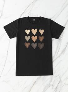 SHEIN LUNE Plus Heart Print Tee - Black - View 3