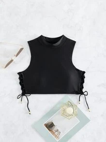 側邊綁帶小高領比基尼泳裝上衣