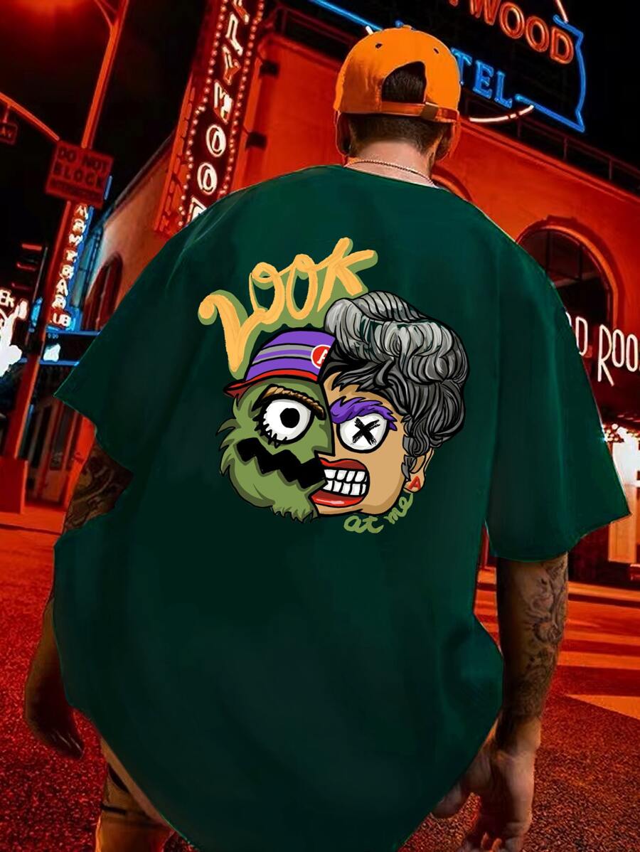 Manfinity Roghcode 男士卡通和字母圖案T恤 - 墨綠色 - 查看 1