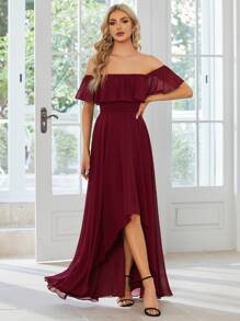 EVERPRETTY Off Shoulder Ruffle Trim High Low Hem Bridesmaid Dress - Burgundy - View 3
