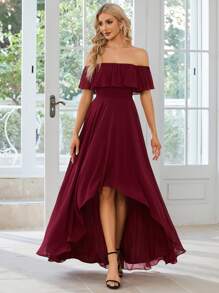 EVERPRETTY Off Shoulder Ruffle Trim High Low Hem Bridesmaid Dress - Burgundy - View 1