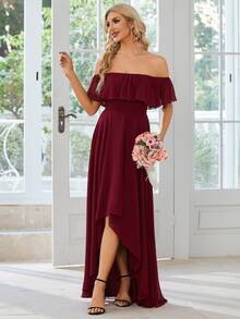 EVERPRETTY Off Shoulder Ruffle Trim High Low Hem Bridesmaid Dress - Burgundy - View 4