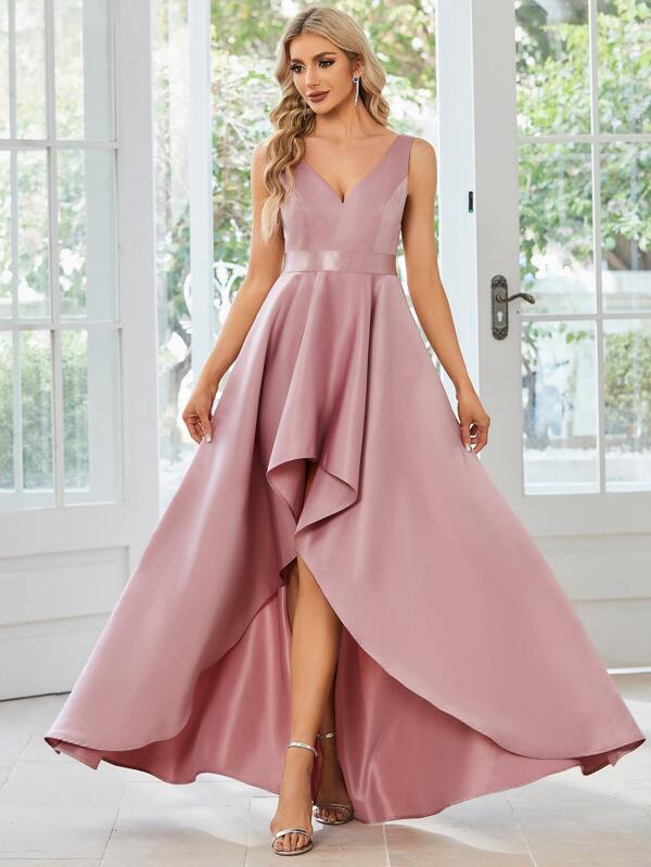 EVERPRETTY Solid High Low Hem Satin Bridesmaid Dress