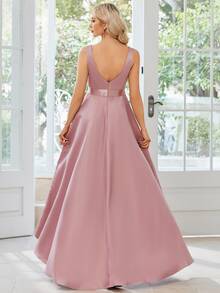 EVERPRETTY Solid High Low Hem Satin Bridesmaid Dress - Dusty Pink - View 2