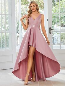 EVERPRETTY Solid High Low Hem Satin Bridesmaid Dress - Dusty Pink - View 5