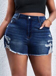 SHEIN SXY Plus Ripped Raw Cut Denim Shorts - Dark Wash - View 3