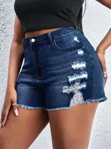 SHEIN SXY Plus Ripped Raw Cut Denim Shorts - Dark Wash - View 4