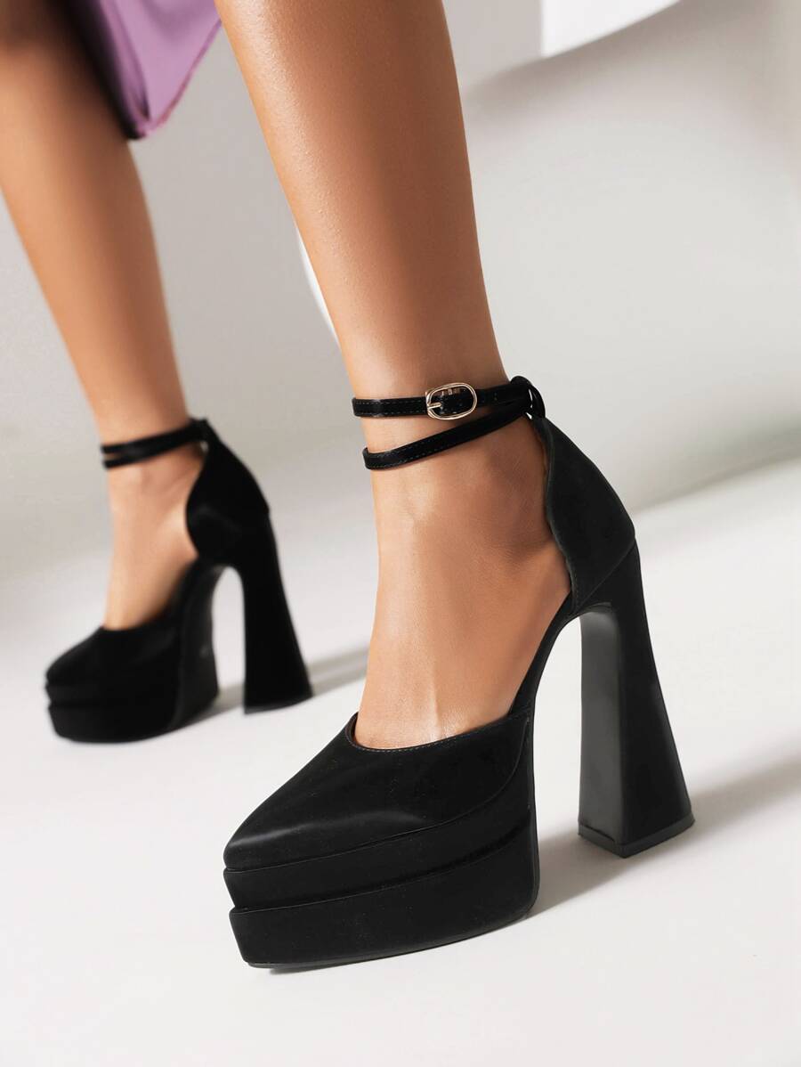 Women Chunky Heeled Ankle Strap Pumps, Elegant Outdoor Black Pumps - Black - View 1
