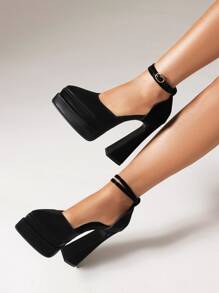 Women Chunky Heeled Ankle Strap Pumps, Elegant Outdoor Black Pumps - Black - View 2