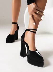 Women Chunky Heeled Ankle Strap Pumps, Elegant Outdoor Black Pumps - Black - View 4