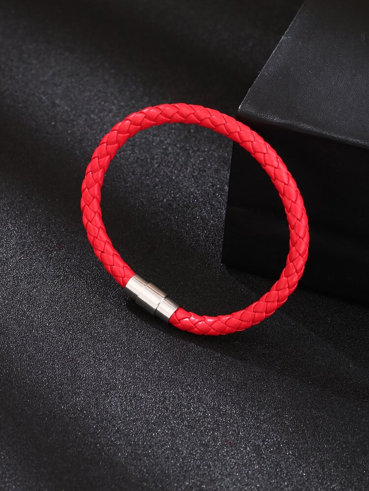 1 pieza Pulsera trenzada de poliuretano PU para hombre y mujer, pulsera envolvente tejida, pulsera vintage, pulsera de amistad para parejas - Rojo - Añade 2