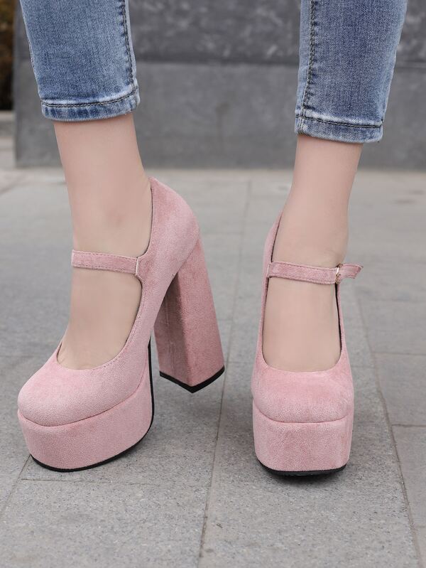 Fashion Pink Mary Jane Pumps For Women, Buckle Decor Faux Suede