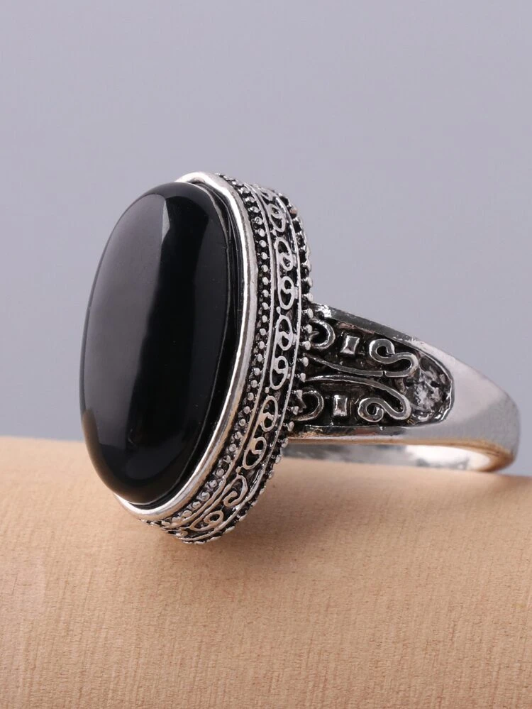 1pc Black Long Oval Striped Ring & Vintage Silver-plated Faux Gemstone Couple Ring (black/blue)