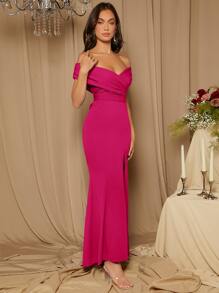 SHEIN Belle Off Shoulder Xù Tách đùi Đầm - Màu Hồng Tươi - Xem 1