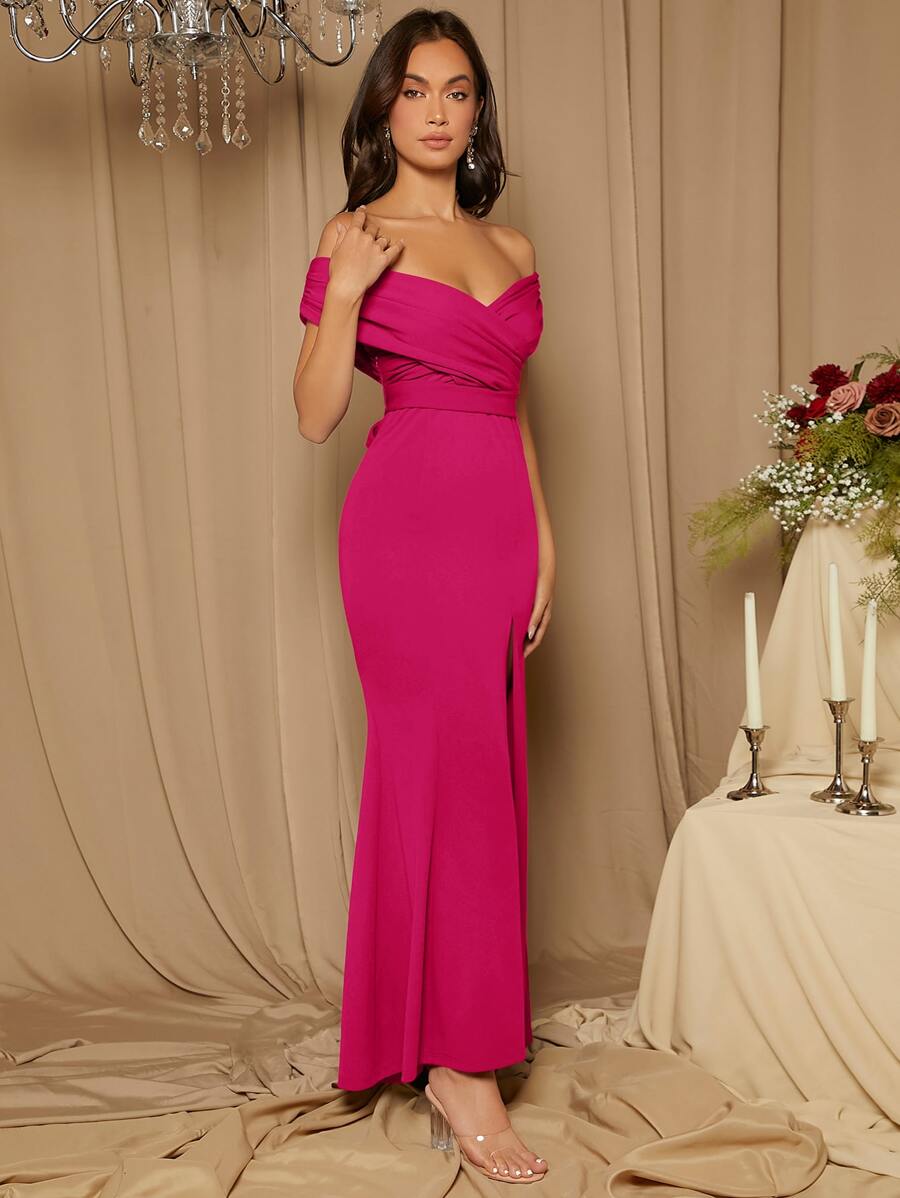 SHEIN Belle Off Shoulder Xù Tách đùi Đầm - Màu Hồng Tươi - Xem 1