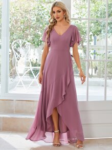 Butterfly Sleeve Ruffle Trim Wrap Hem Chiffon Bridesmaid Dress - Dusty Pink - View 2