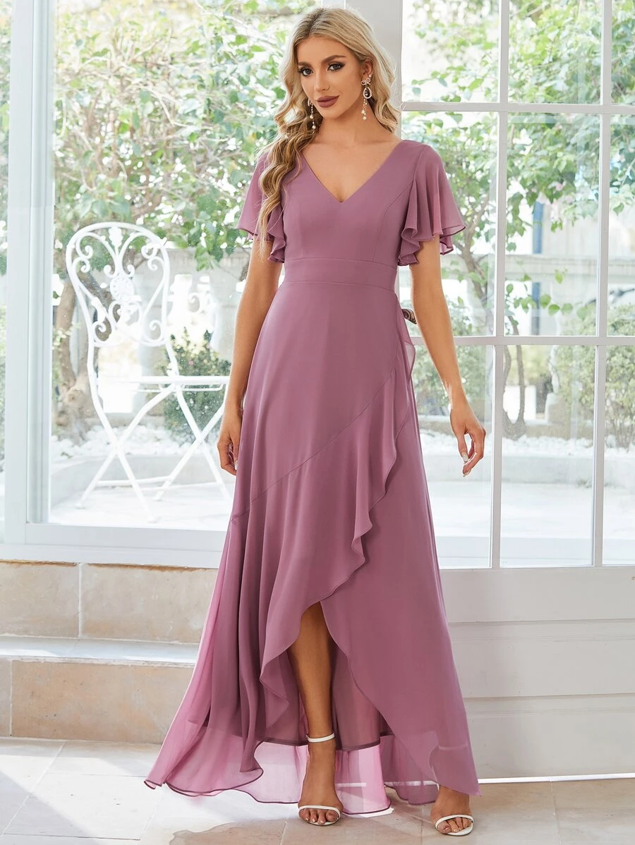 Butterfly Sleeve Ruffle Trim Wrap Hem Chiffon Bridesmaid Dress