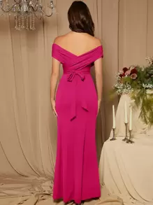 SHEIN Belle Off Shoulder Xù Tách đùi Đầm - Màu Hồng Tươi - Xem 2