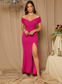 SHEIN Belle Off Shoulder Xù Tách đùi Đầm - Màu Hồng Tươi - Xem 3