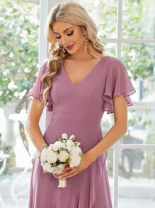 Butterfly Sleeve Ruffle Trim Wrap Hem Chiffon Bridesmaid Dress - Dusty Pink - View 5