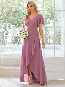Butterfly Sleeve Ruffle Trim Wrap Hem Chiffon Bridesmaid Dress - Dusty Pink - View 6