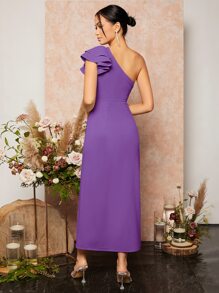 SHEIN Belle 单肩褶皱开叉大腿伴娘礼服优雅鸡尾酒会半正式舞会婚礼宾客礼服，适合生日、毕业典礼、晚宴、返校节 - 紫羅蘭色 - 查看 2
