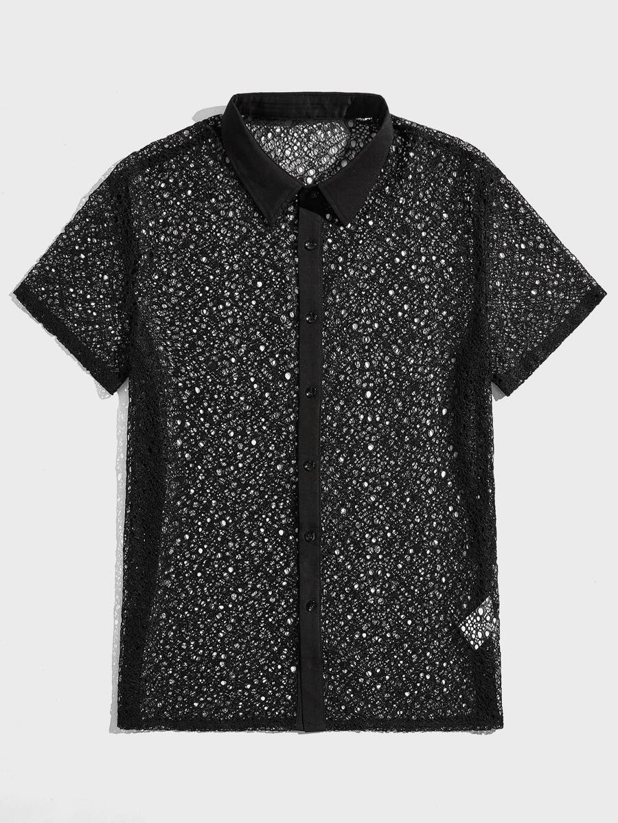 Manfinity Hombres Camisa de malla transparente - Negro - Ver 1