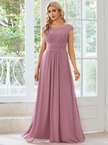 EVERPRETTY Contrast Lace Chiffon Bridesmaid Dress - Dusty Pink - View 1