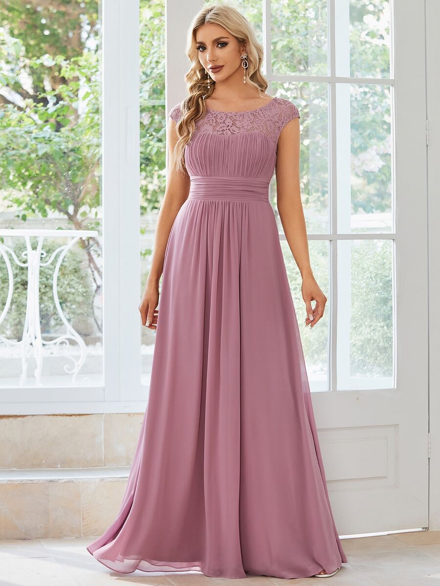 EVERPRETTY Contrast Lace Chiffon Bridesmaid Dress - Dusty Pink - View 1