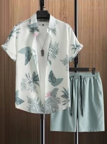 Manfinity RSRT Men Tropical Print Shirt & Drawstring Waist Shorts Without Tee , Graphic , Vacation , Husband , Colorful , Casual - Multicolor - View 1