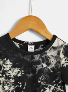 SHEIN 男寶寶杏色和黑色染色休閒t恤和短褲套裝,夏季裝扮的簡單舒適風格 - 米色 - 查看 3