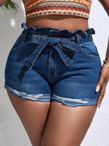 SHEIN SXY 大碼紙袋腰破洞毛邊腰帶牛仔短褲 - 深色水洗藍 - 查看 4