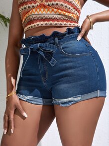 SHEIN SXY 大碼紙袋腰破洞毛邊腰帶牛仔短褲 - 深色水洗藍 - 查看 5