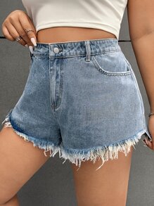 SHEIN EZwear Cộng với quần short denim viền thô - Rửa nhẹ - Xem 1