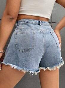 SHEIN EZwear Cộng với quần short denim viền thô - Rửa nhẹ - Xem 2