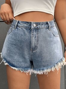 SHEIN EZwear Cộng với quần short denim viền thô - Rửa nhẹ - Xem 3