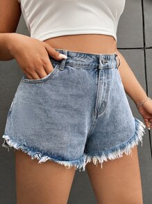 SHEIN EZwear Cộng với quần short denim viền thô - Rửa nhẹ - Xem 4