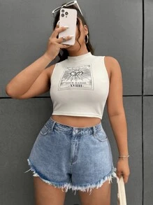 SHEIN EZwear Cộng với quần short denim viền thô - Rửa nhẹ - Xem 5