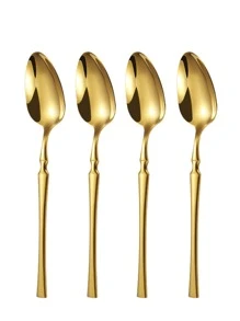 4件套不锈钢勺子，厨房餐勺，厨房，圣诞礼物，学校用品 - 金色 - 查看 1