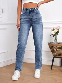 SHEIN Tall 高腰牛仔褲 - 中等水洗藍 - 查看 1